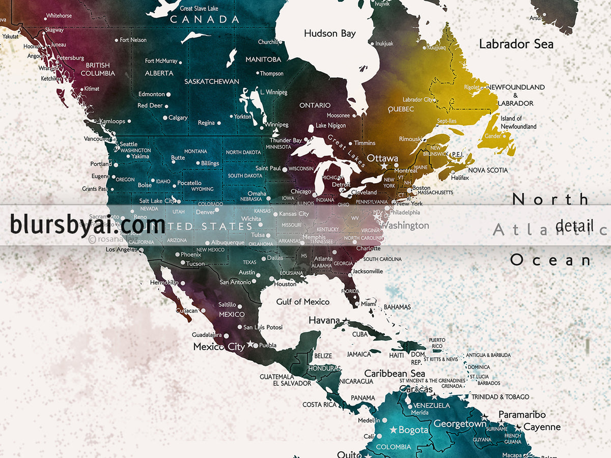 Art print on paper: custom world map with cities in bold watercolor hues. "Charleena"
