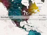 Art print on paper: custom world map with cities in bold watercolor hues. "Charleena"