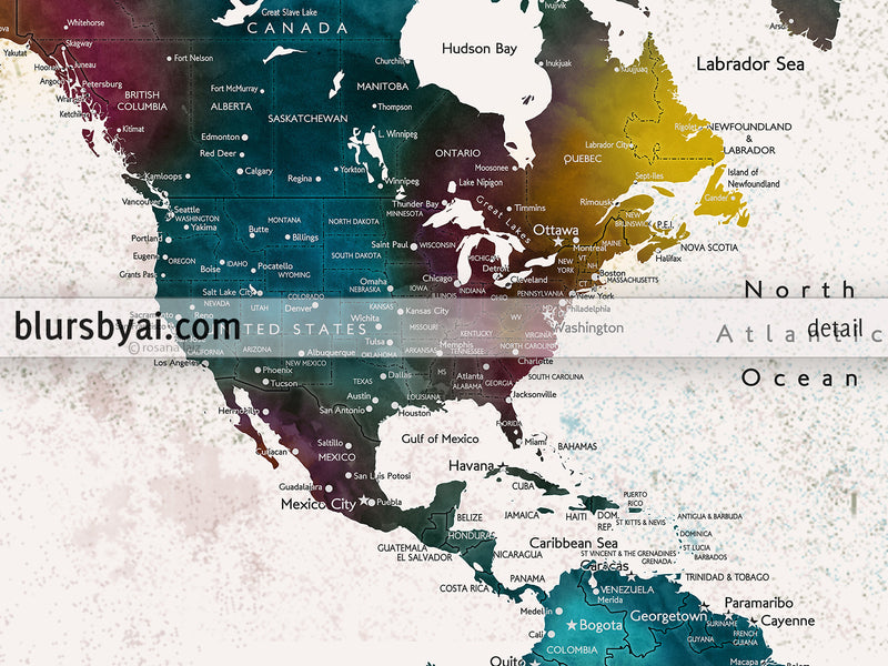 Art print on paper: custom world map with cities in bold watercolor hues. "Charleena"