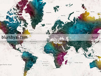 Art print on paper: custom world map with cities in bold watercolor hues. "Charleena"