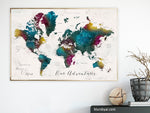 Art print on paper: custom world map with cities in bold watercolor hues. "Charleena"