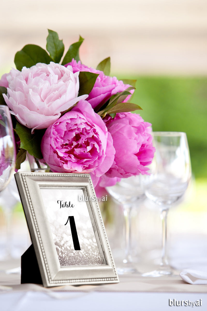 5x7" table numbers in silver glitter and black calligraphy text, printable table numbers
