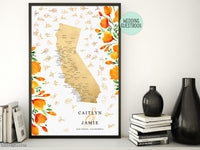 Custom map print: map of California with cities and California poppies