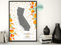 Custom map print: map of California with cities and California poppies