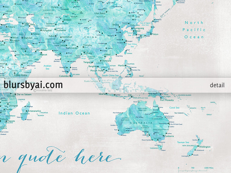 Custom quote - Aquamarine watercolor printable world map with cities in rustic background. "Harriet"
