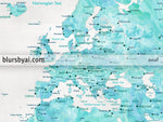 Custom quote - Aquamarine watercolor printable world map with cities in rustic background. "Harriet"