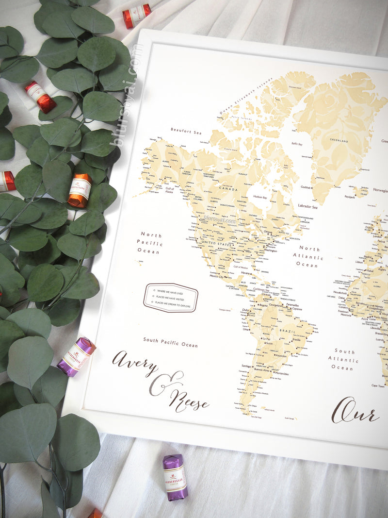 Art print on paper: custom world map with cities in elegant floral pattern. "Remy"