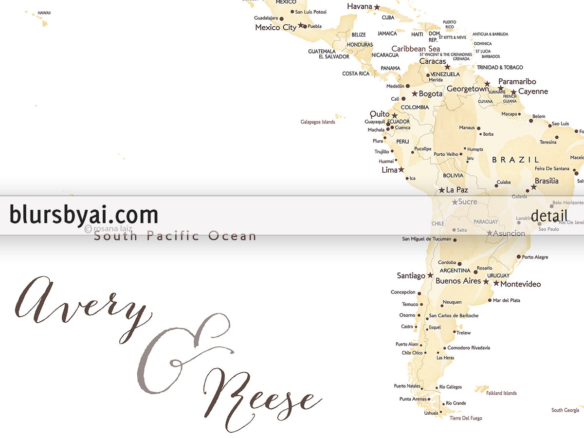 Art print on paper: custom world map with cities in elegant floral pattern. "Remy"