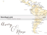 Art print on paper: custom world map with cities in elegant floral pattern. "Remy"