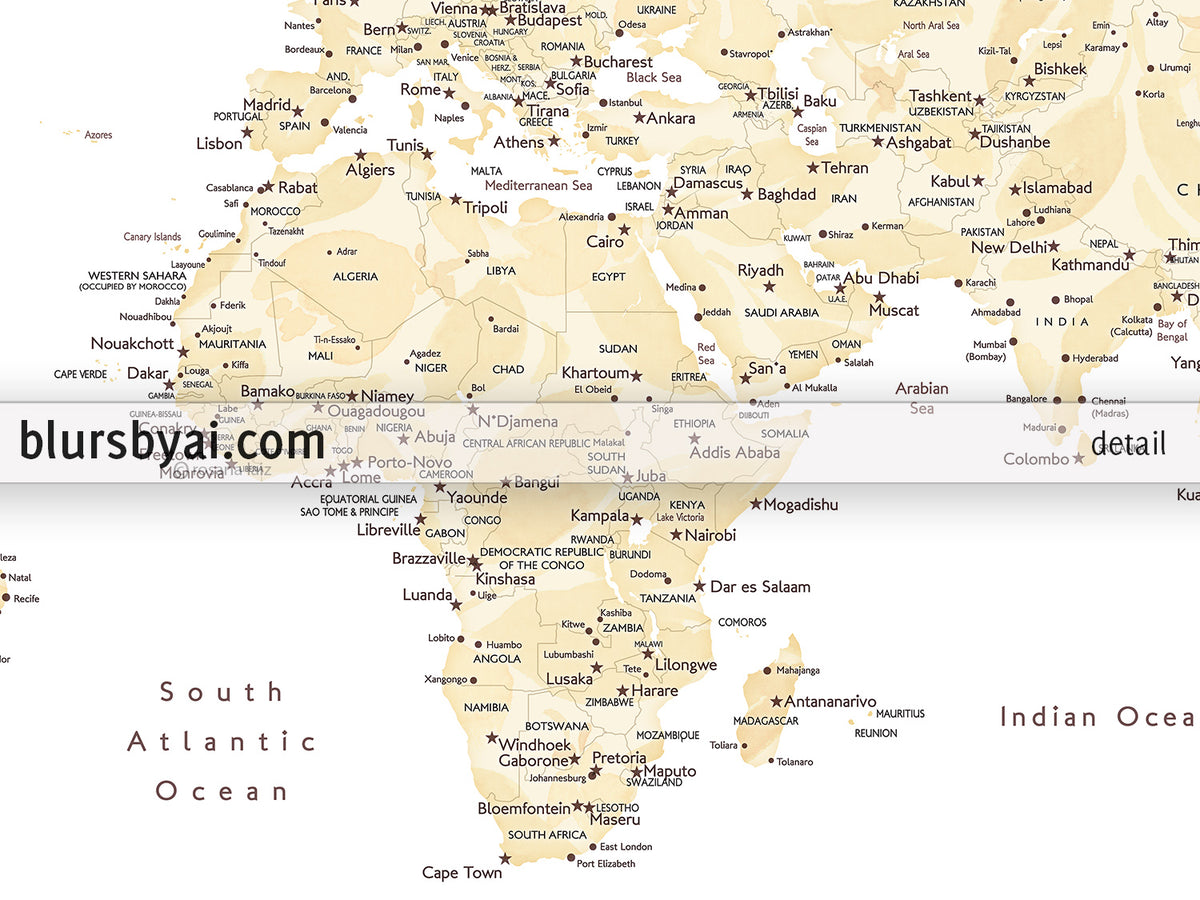 Art print on paper: custom world map with cities in elegant floral pattern. "Remy"