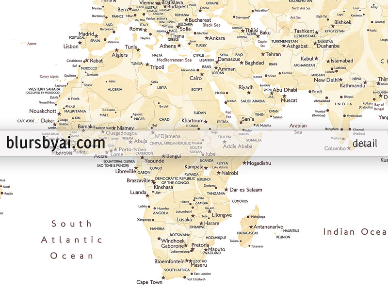 Art print on paper: custom world map with cities in elegant floral pattern. "Remy"