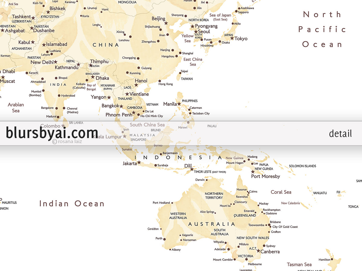 Art print on paper: custom world map with cities in elegant floral pattern. "Remy"