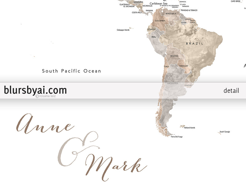 Custom print: world map with countries and states in neutral watercolor. "Abey"