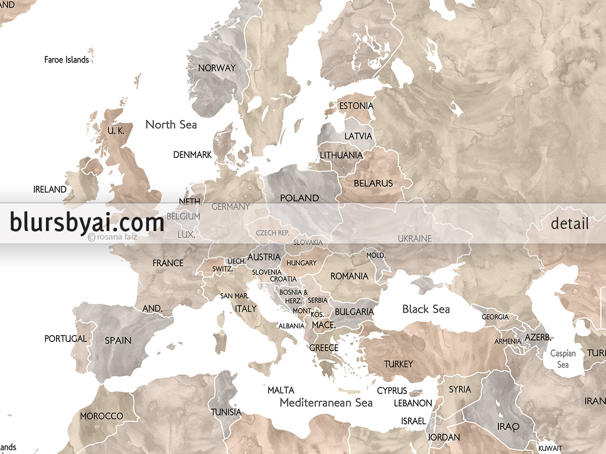 Custom print: world map with countries and states in neutral watercolor. "Abey"