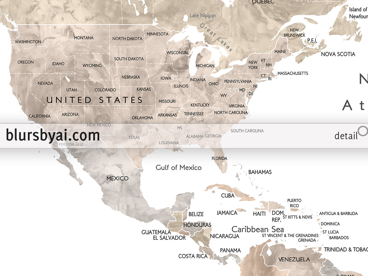 Custom print: world map with countries and states in neutral watercolor. "Abey"