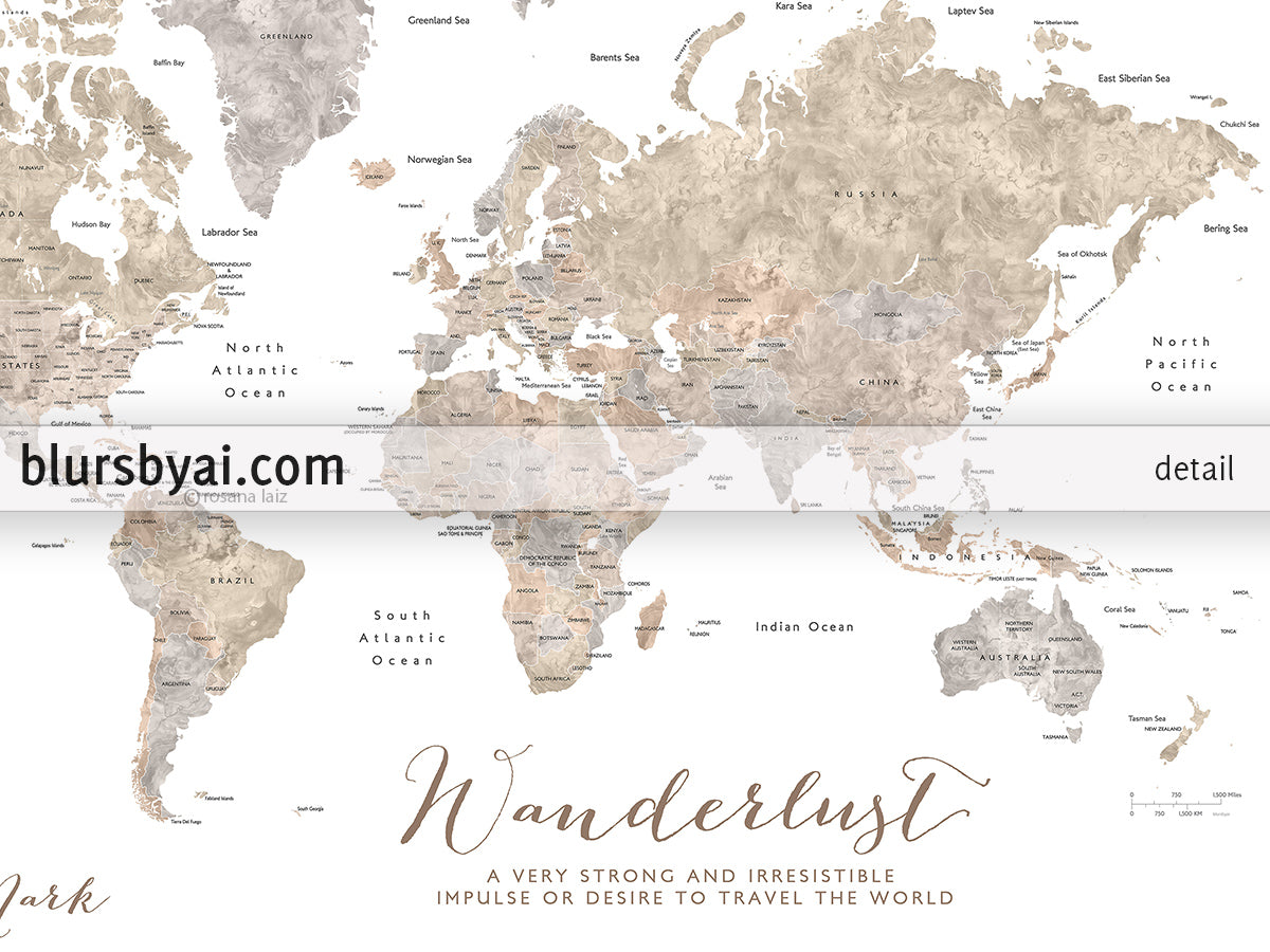Custom print: world map with countries and states in neutral watercolor. "Abey"