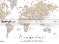Custom print: world map with countries and states in neutral watercolor. "Abey"