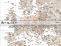 Custom world map print - highly detailed map with cities in neutral watercolor. "Abey"