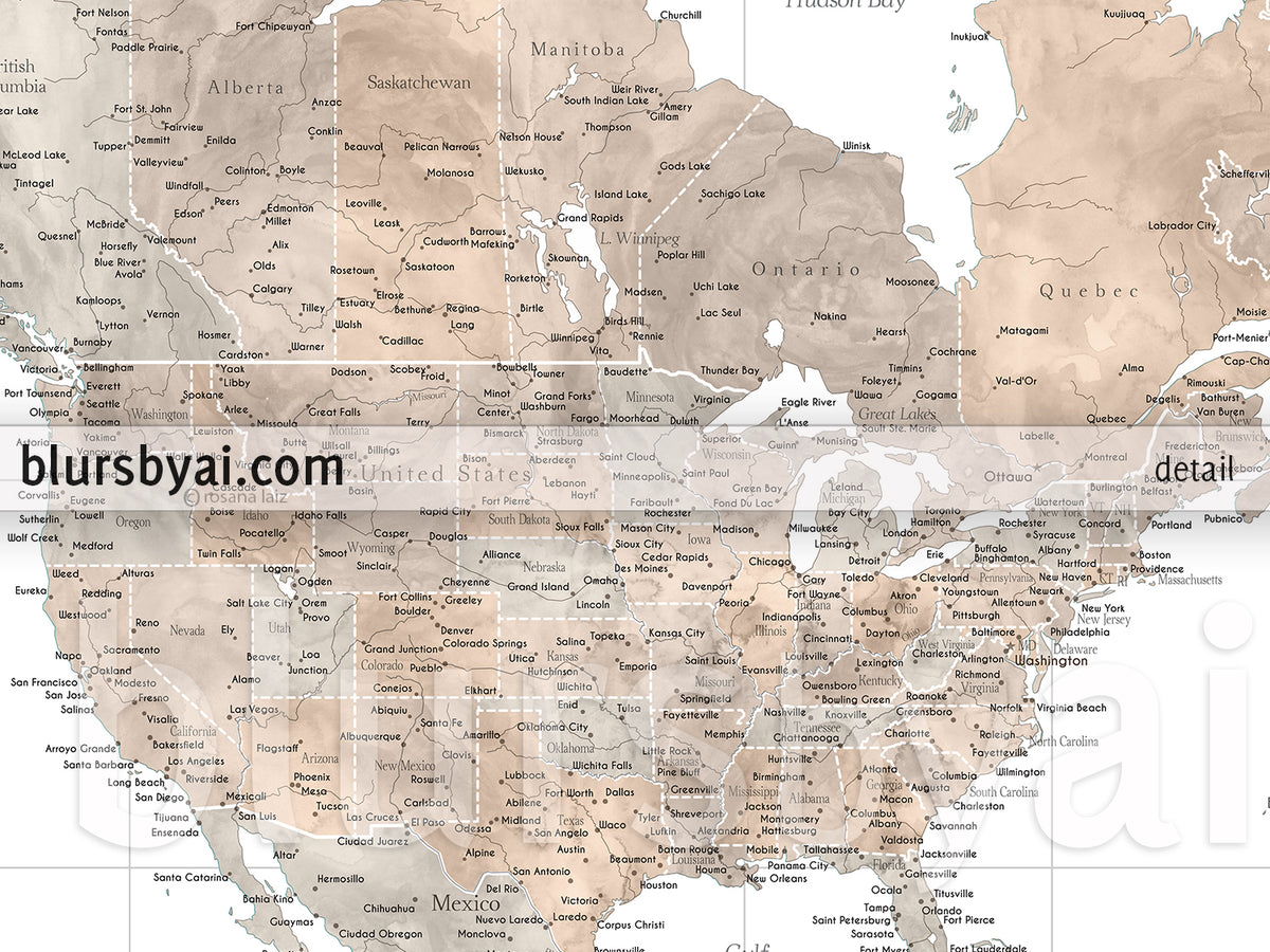 Custom world map print - highly detailed map with cities in neutral watercolor. "Abey"