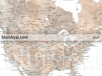 Custom world map print - highly detailed map with cities in neutral watercolor. "Abey"