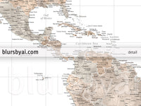Custom world map print - highly detailed map with cities in neutral watercolor. "Abey"