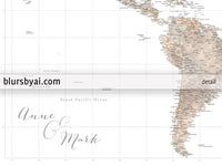 Custom world map print - highly detailed map with cities in neutral watercolor. "Abey"