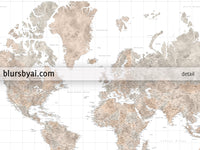 Custom world map print - highly detailed map with cities in neutral watercolor. "Abey"