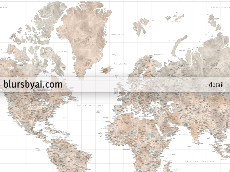 Custom, large & highly detailed watercolor world map canvas print or push pin map. "Abey"