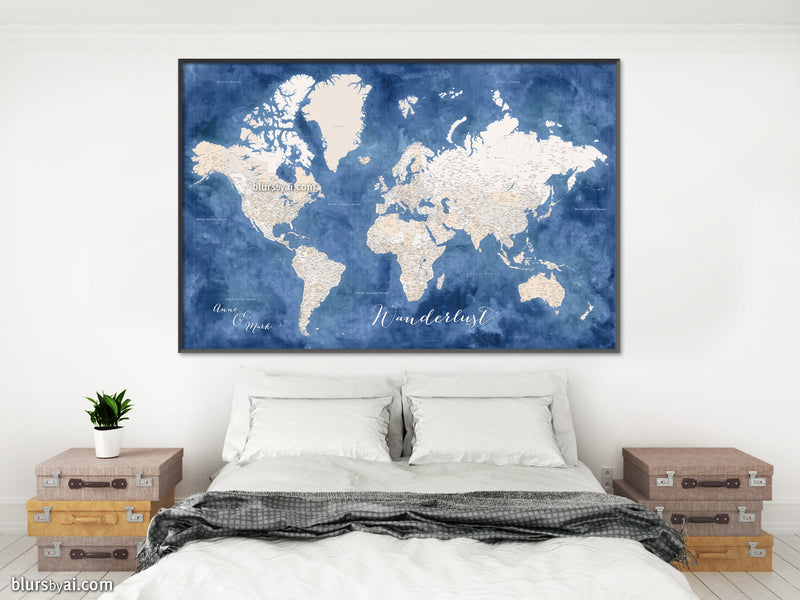 Custom world map print - highly detailed map with cities in light brown and blue watercolor. "Hudson"