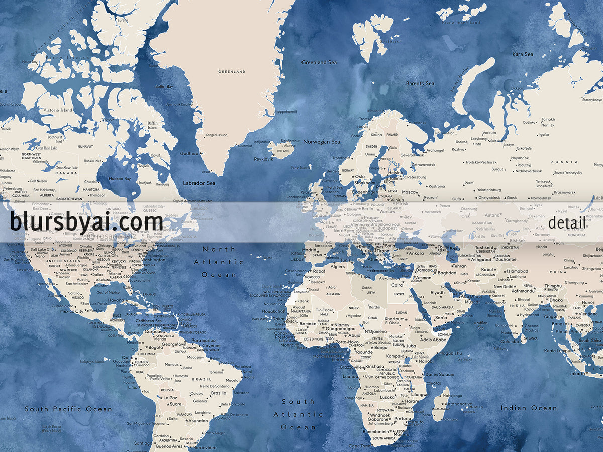 Custom print: world map with cities in light brown and blue watercolor. "Hudson"