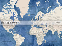 Custom print: world map with cities in light brown and blue watercolor. "Hudson"