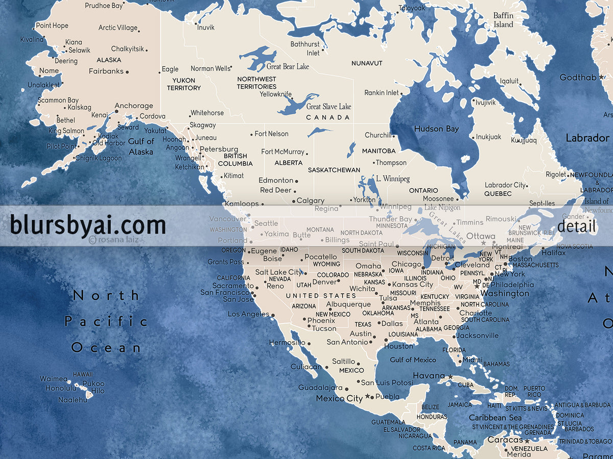 Custom print: world map with cities in light brown and blue watercolor. "Hudson"