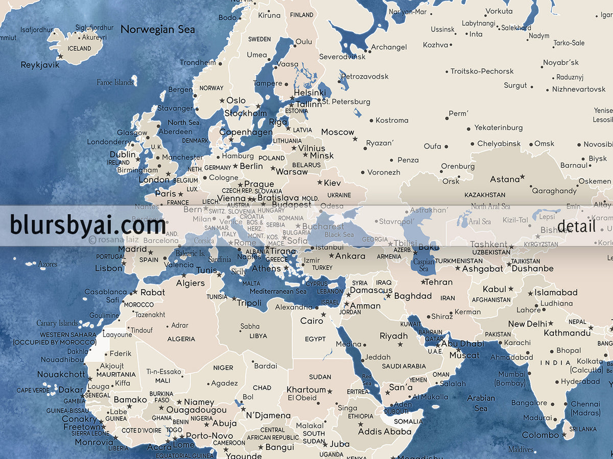 Custom print: world map with cities in light brown and blue watercolor. "Hudson"