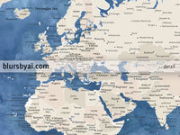 Custom print: world map with cities in light brown and blue watercolor. "Hudson"