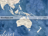 Custom print: world map with cities in light brown and blue watercolor. "Hudson"