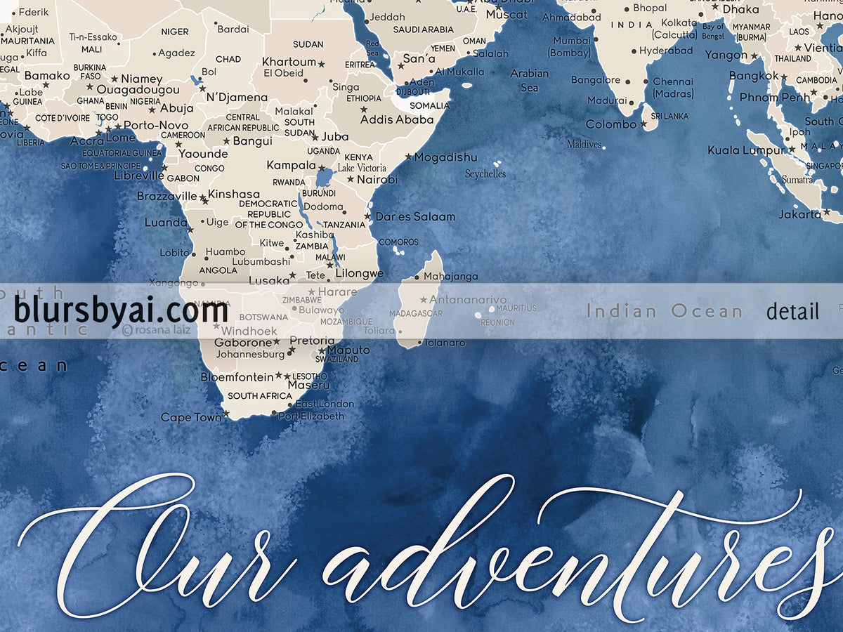 Custom print: world map with cities in light brown and blue watercolor. "Hudson"