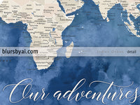 Custom print: world map with cities in light brown and blue watercolor. "Hudson"