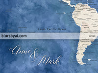 Custom print: world map with cities in light brown and blue watercolor. "Hudson"