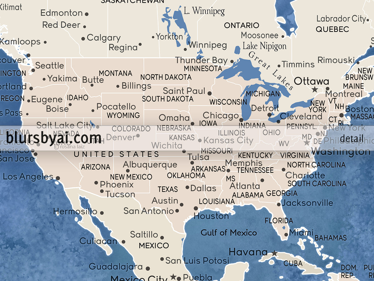 Custom blue and brown world map with cities, canvas print or push pin map. "Hudson"