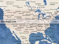 Custom print: world map with cities in light brown and blue watercolor. "Hudson"