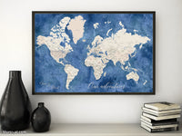 Custom print: world map with cities in light brown and blue watercolor. "Hudson"