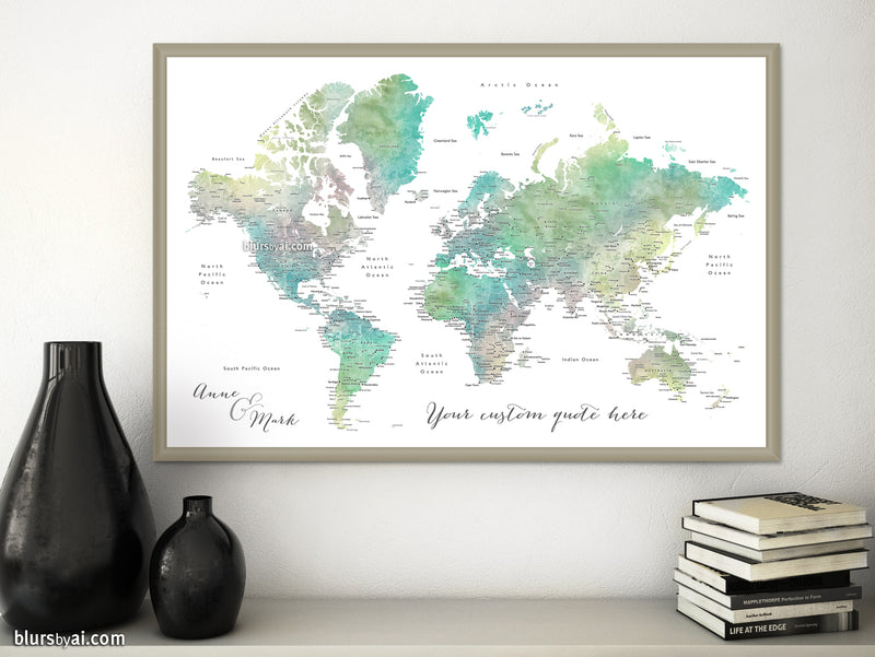 Custom print: watercolor world map with cities in muted green and brown. "Oriole"