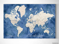 Custom blue and brown world map with cities, canvas print or push pin map. "Hudson"