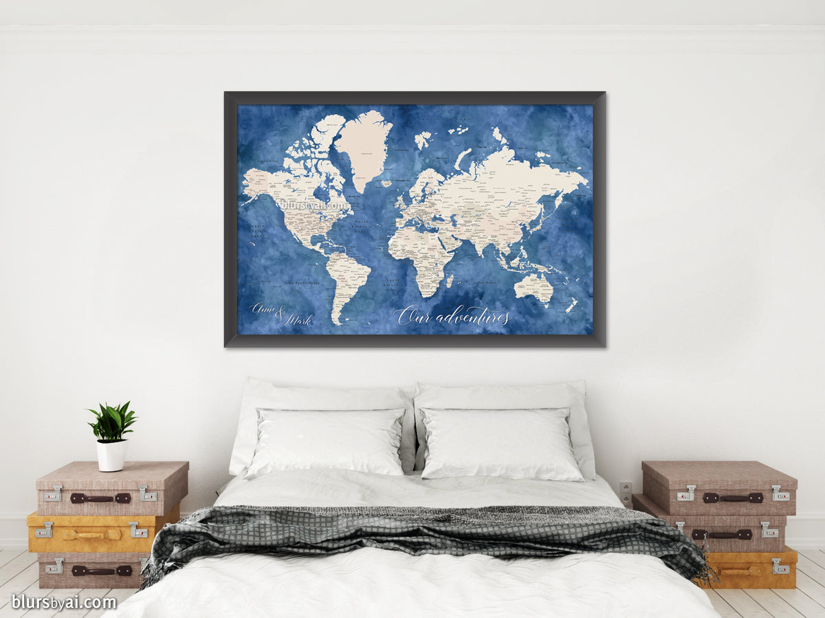 Custom print: world map with cities in light brown and blue watercolor. "Hudson"