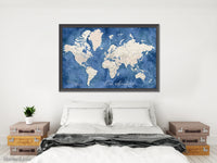 Custom print: world map with cities in light brown and blue watercolor. "Hudson"